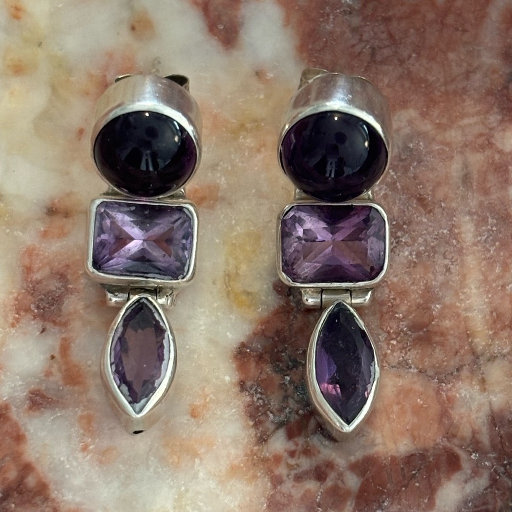 Vintage 925 Sterling Silver Natural Amethyst 3 Stone Articulated Drop Earrings